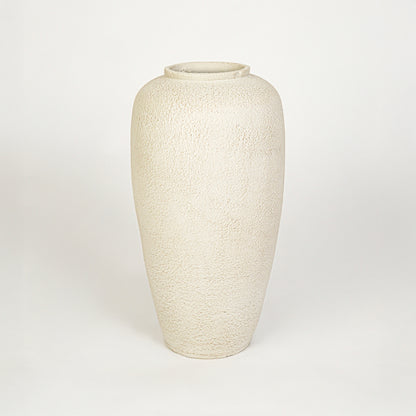 White background image of beige ceramic decorative vase for elegant floor placement with rustic textured finish.