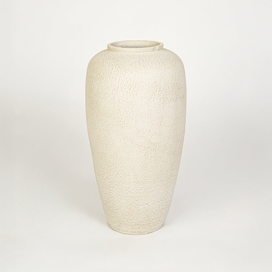 White background image of beige ceramic decorative vase for elegant floor placement with rustic textured finish.