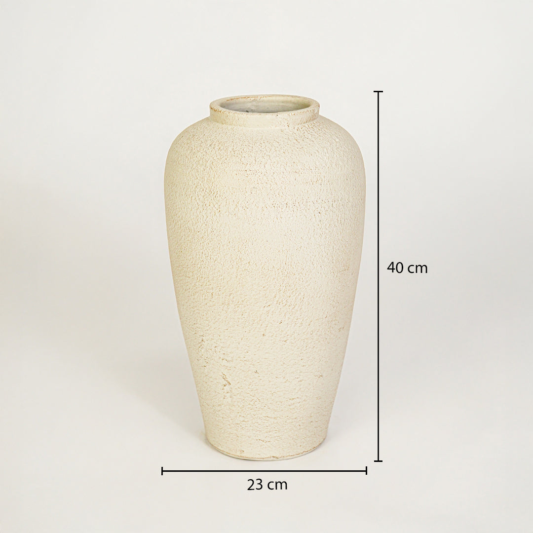 Dimension image of beige ceramic floor vase measuring 40 cm for elegant home decor with rustic finish.