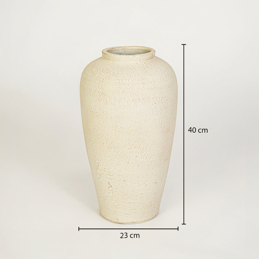 Dimension image of beige ceramic floor vase measuring 40 cm for elegant home decor with rustic finish.