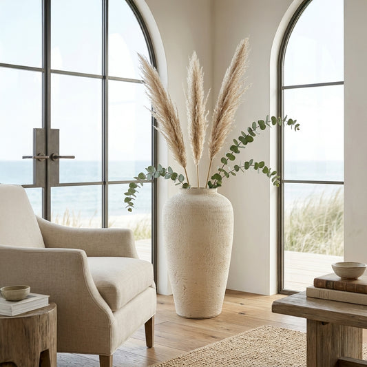 Lifestyle image of beige ceramic floor vase for modern living room decor styling with textured matte finish.