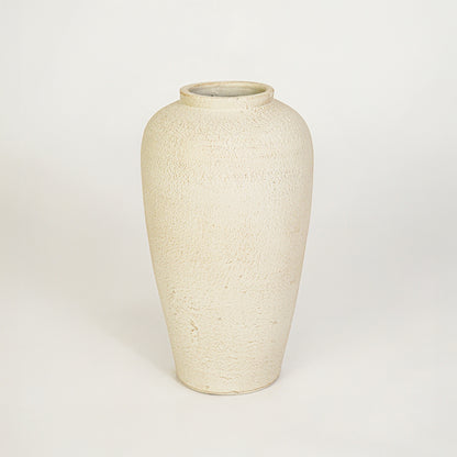 White background image of beige ceramic floor vase for elegant interior decor styling with textured matte finish.