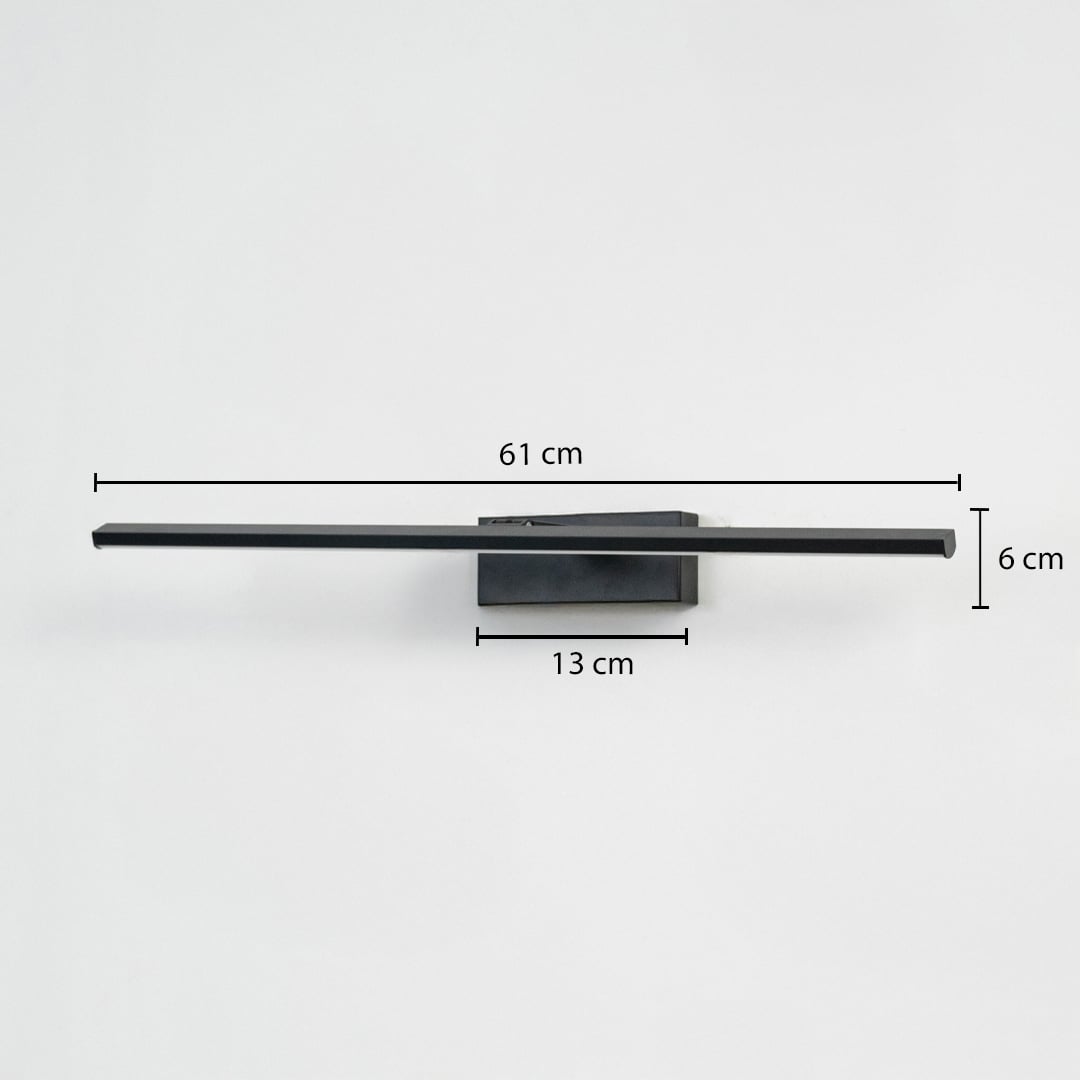 Modern black LED wall light measuring 61 cm wide with slim rectangular profile designed for bathrooms or vanity spaces.