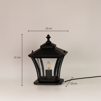 Black outdoor gate light dimension image with 31 cm height and 23 cm width for exterior decor use.