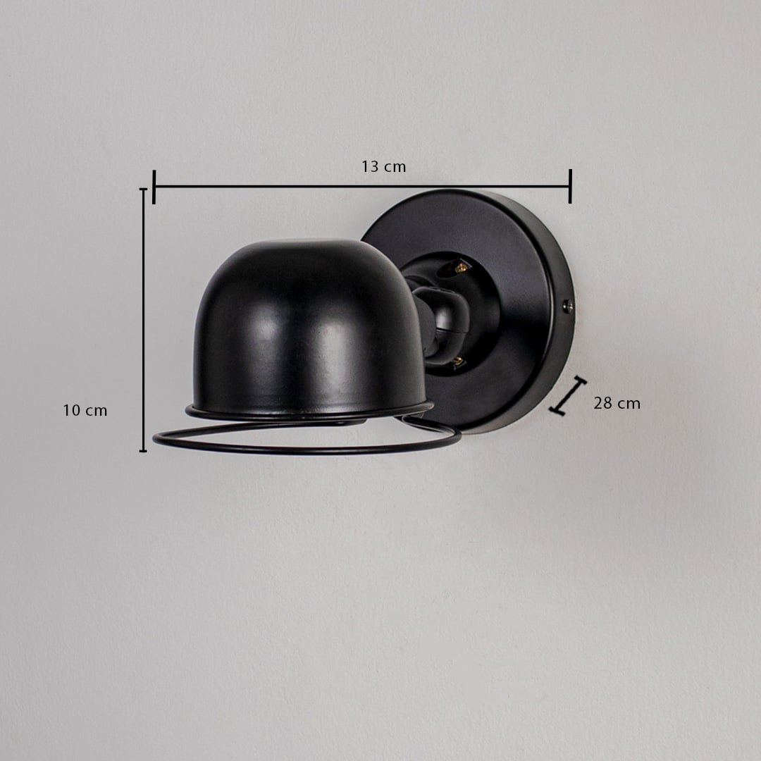 Wall light with matte black dome shade and cage detail shown with size 10 cm height 13 cm width and 28 cm depth.