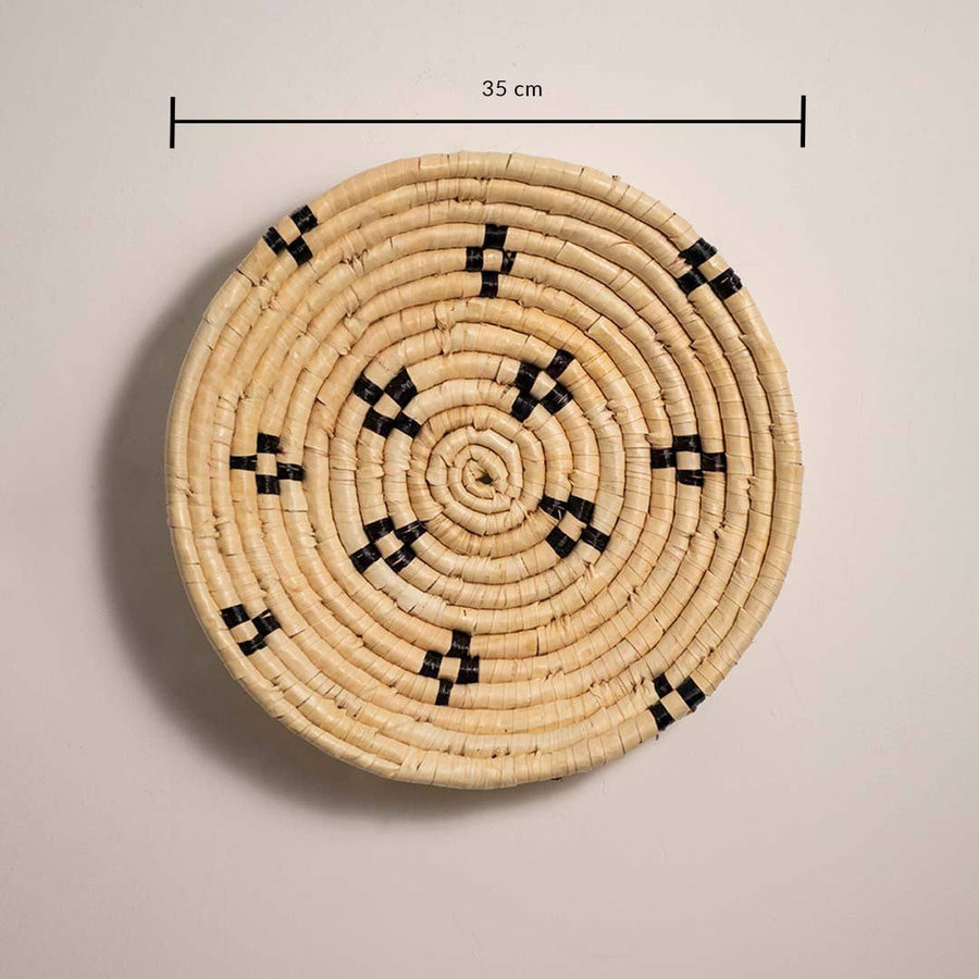 Dimension image of handcrafted natural cream seagrass wall basket with black diamond pattern for boho wall decor display.