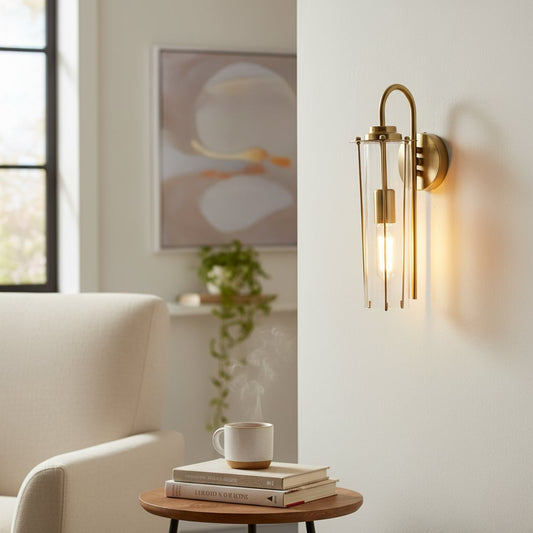 A modern gold wall light with a tall glass shade glowing warmly beside a cozy armchair creating a soft ambient look in a calm living room scene.