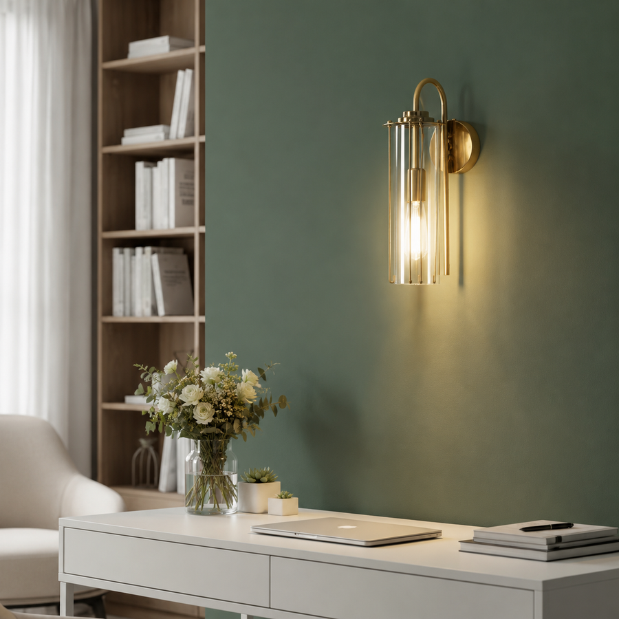 A modern wall sconce with a gold-finished metal frame and clear glass tubes, mounted on a dark green wall above a white desk in a styled home office setting.