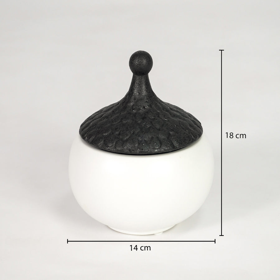 White ceramic storage jar with black lid dimension image with 18 cm height and 14 cm width for decor.