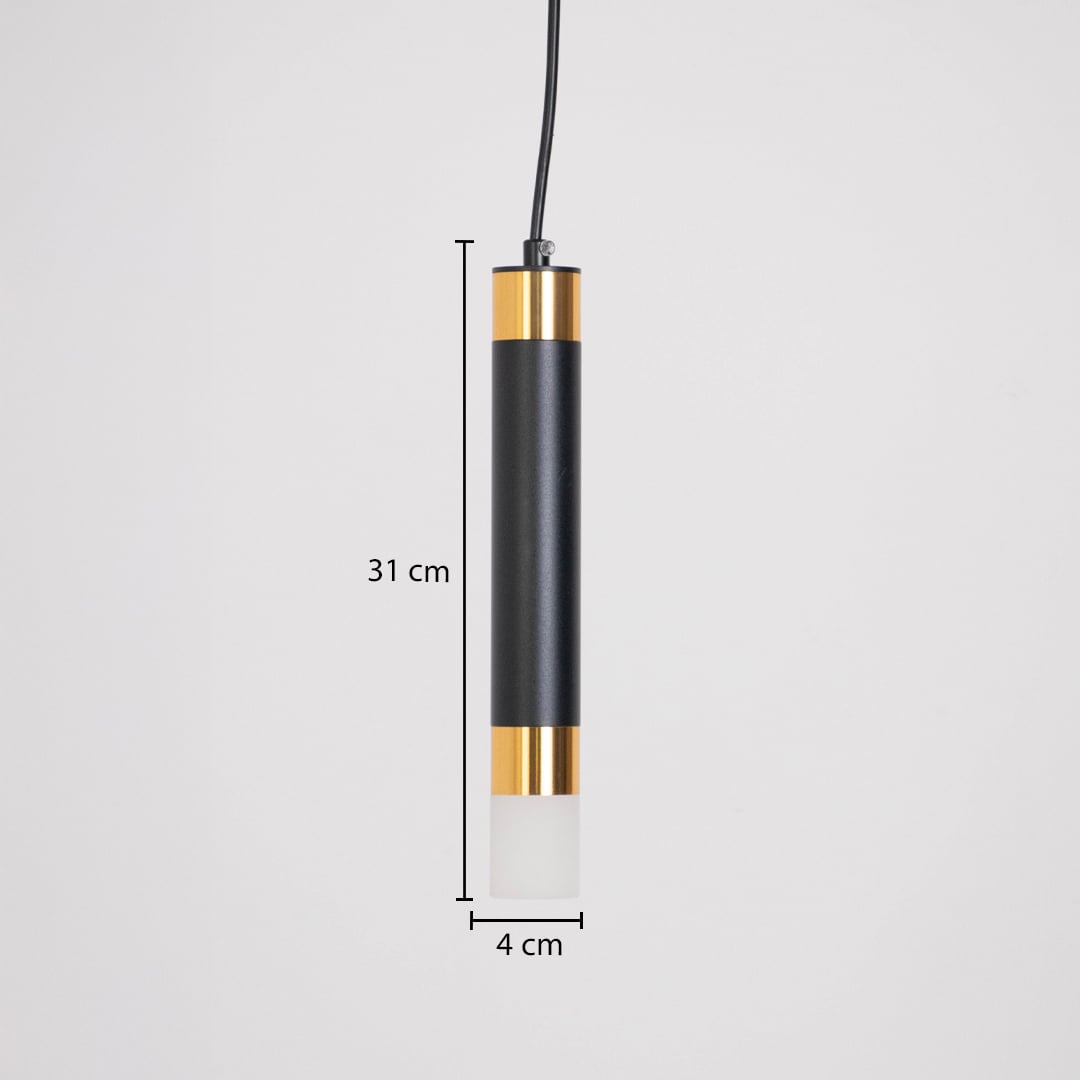 Black and gold cylindrical pendant light with dimensions 31 cm height and 4 cm width displayed on white background.