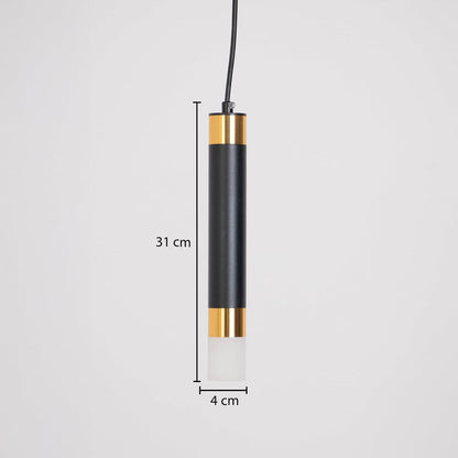 Black and gold cylindrical pendant light with dimensions 31 cm height and 4 cm width displayed on white background.