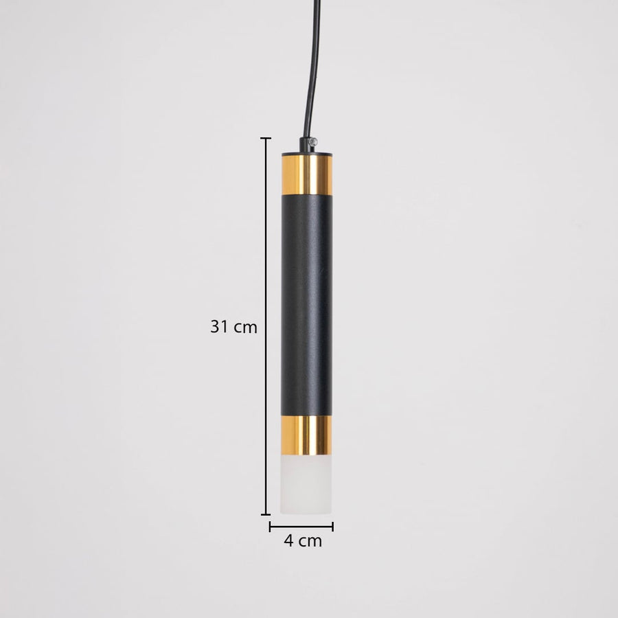 Black and gold cylindrical pendant light with dimensions 31 cm height and 4 cm width displayed on white background.