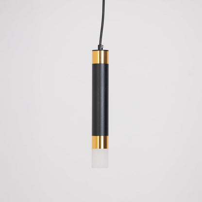 Minimalist black and gold cylindrical pendant light turned off displayed on white background for product showcase.