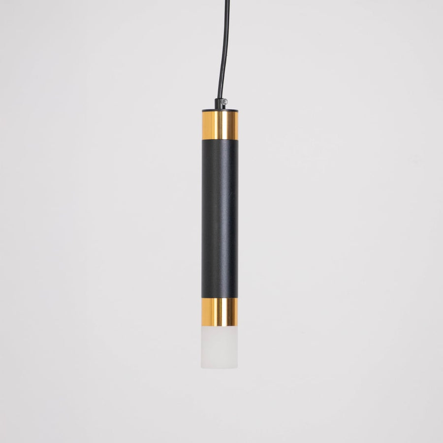 Minimalist black and gold cylindrical pendant light turned off displayed on white background for product showcase.