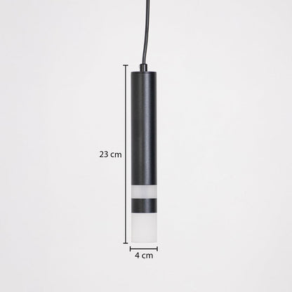 Black cylindrical pendant light with dimensions 23 cm height and 4 cm width displayed on white background for accuracy.