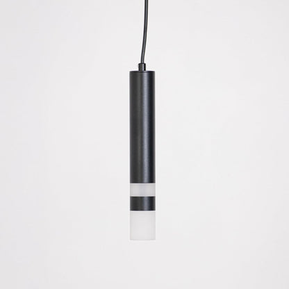 Minimalist black cylindrical pendant light turned off displayed on white background for catalog product showcase.