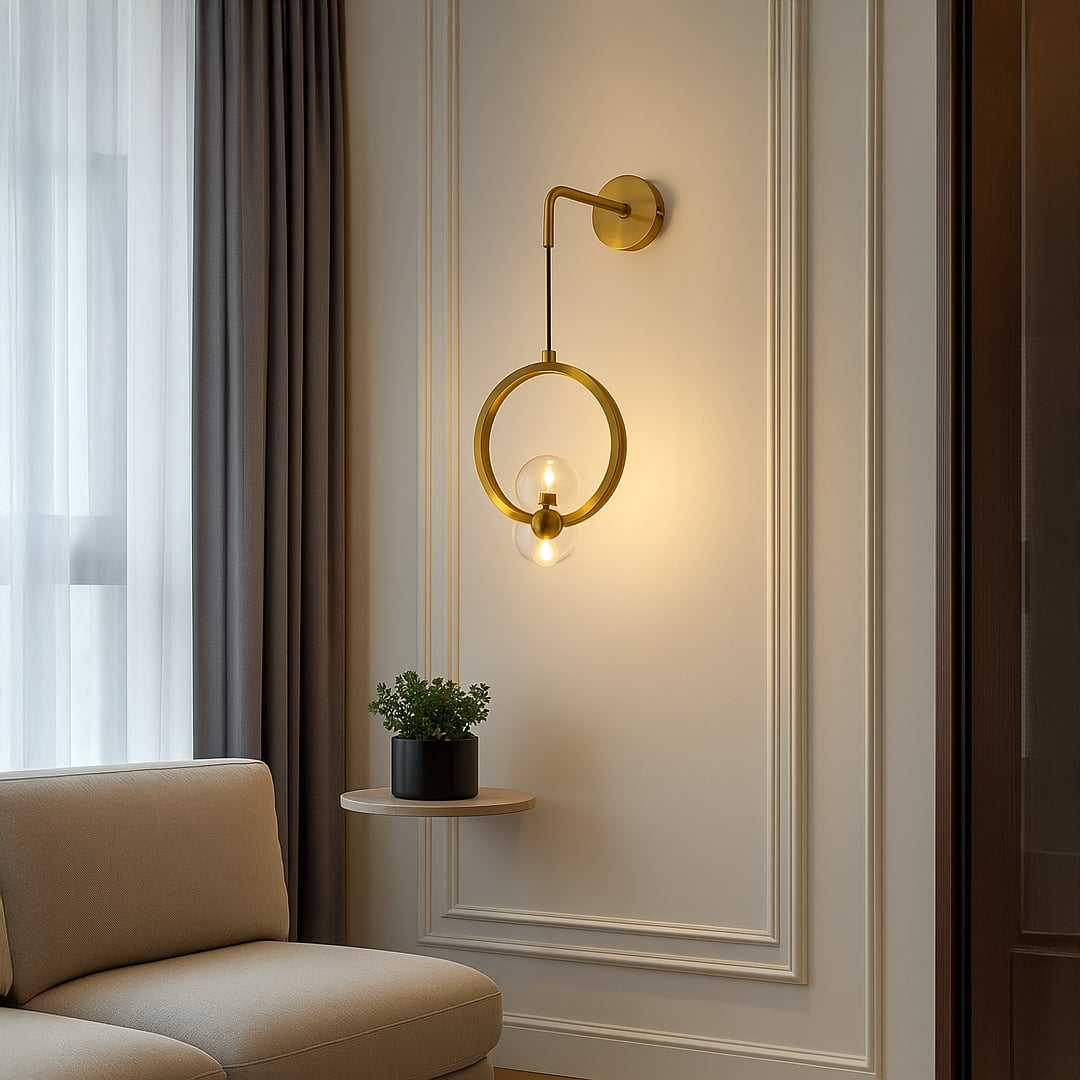 Modern gold ring wall light glowing softly beside a beige sofa adding warm ambient lighting to a stylish living room corner with a minimal elegant look.