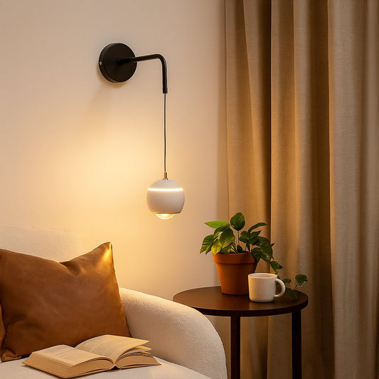 Table lamp inspired wall light shown in a clean lifestyle setting with a modern rounded shade and adjustable drop for stylish interior lighting.