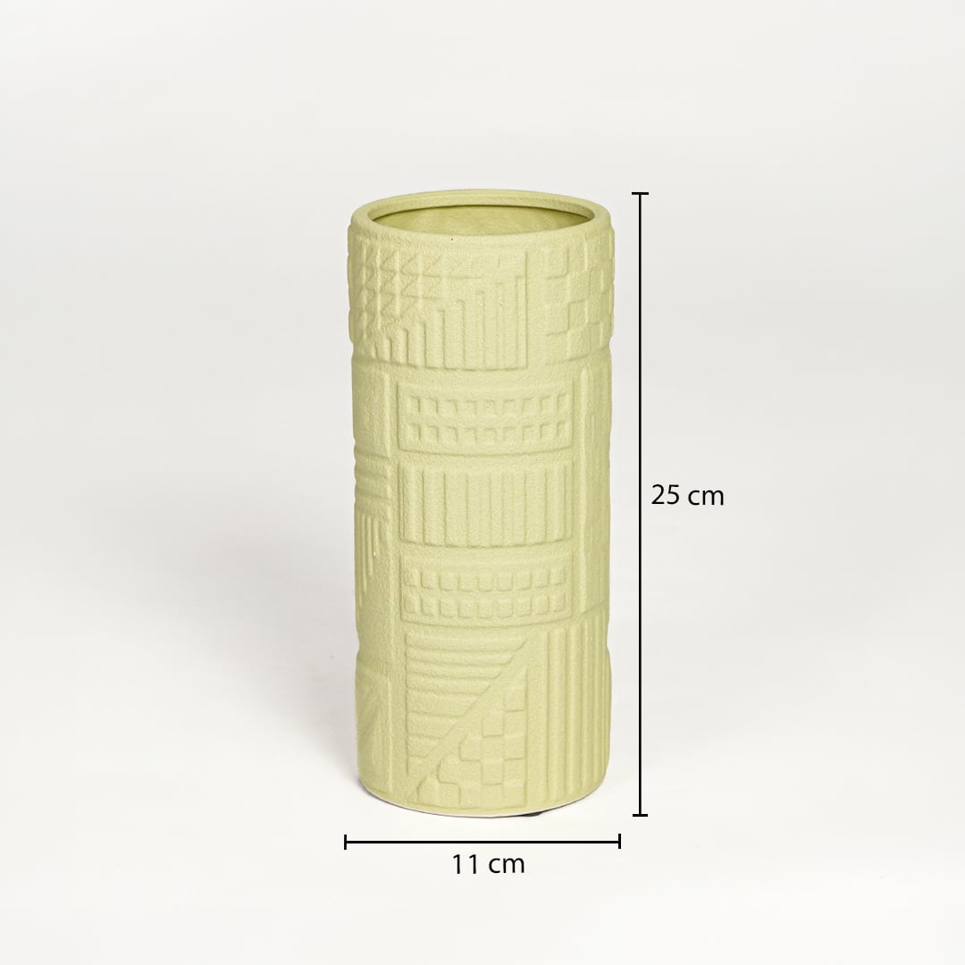 Yellow ceramic textured cylindrical vase measuring 25 cm height and 11 cm width perfect for modern shelf decor styling.