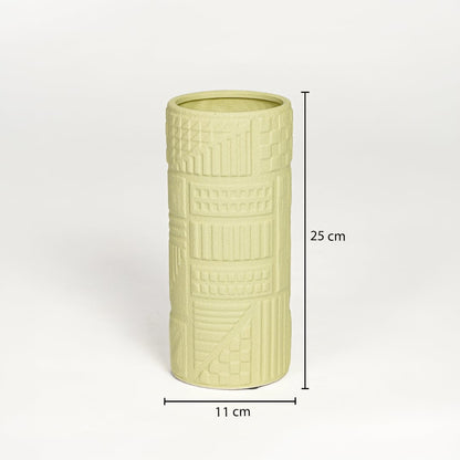 Yellow ceramic textured cylindrical vase measuring 25 cm height and 11 cm width perfect for modern shelf decor styling.
