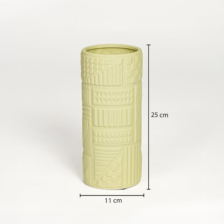 Yellow ceramic textured cylindrical vase measuring 25 cm height and 11 cm width perfect for modern shelf decor styling.
