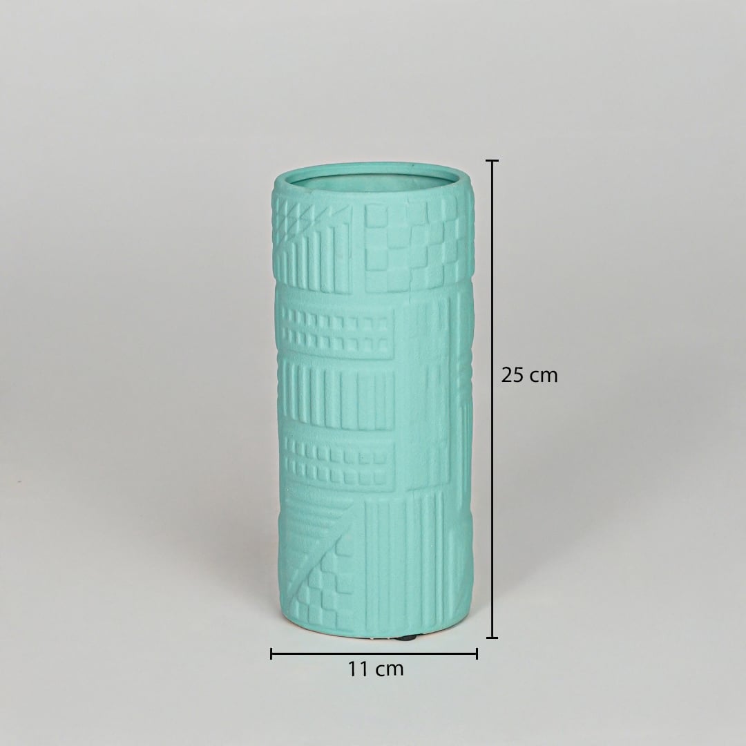 Green ceramic decorative vase size 25 cm height 11 cm length modern textured flower vase dimension reference image.