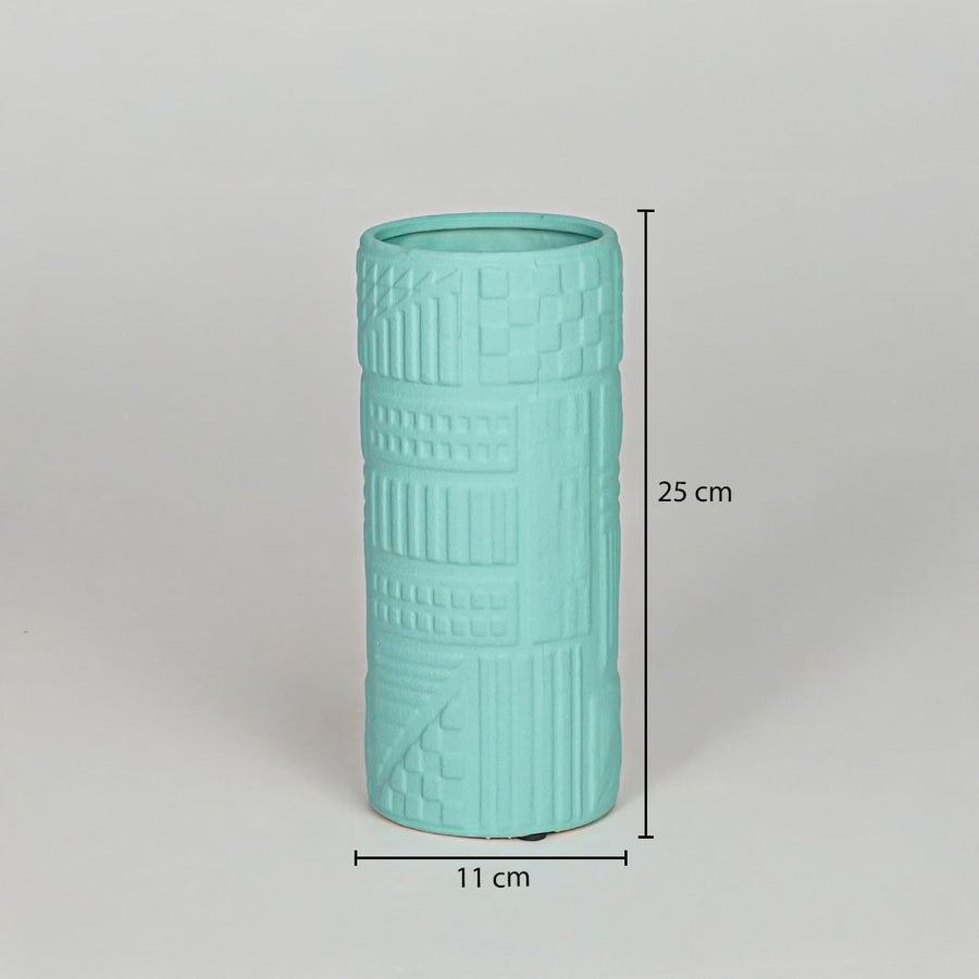 Green ceramic decorative vase size 25 cm height 11 cm length modern textured flower vase dimension reference image.