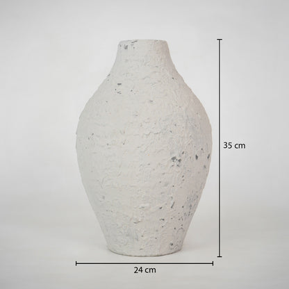 Dimension image of a rustic textured off-white ceramic urn vase with distressed details showing 55 cm height and 34 cm width.