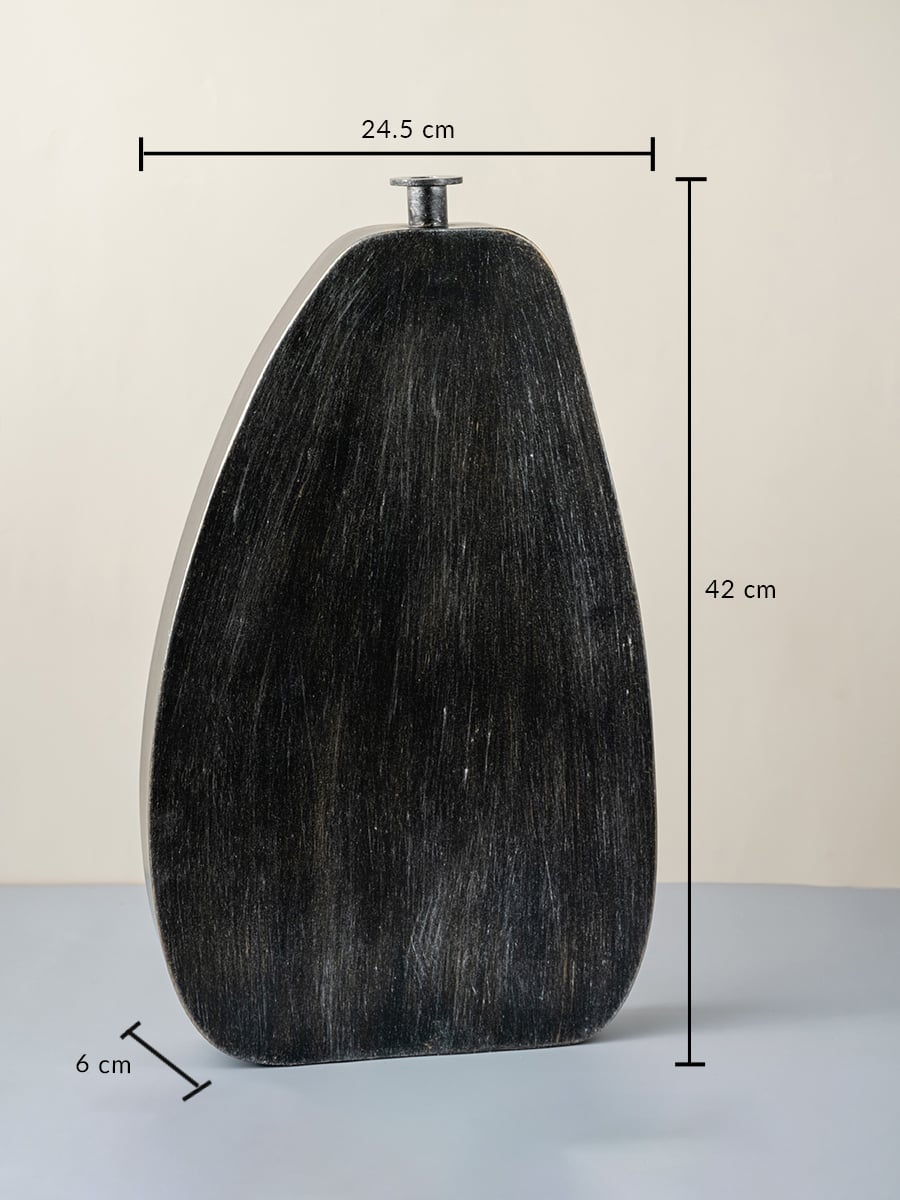 Black wooden vase with textured finish 42 cm height 24.5 cm width and 6 cm depth ideal for home decoration.