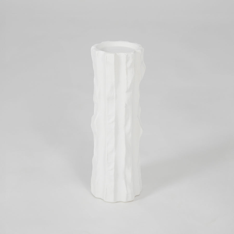 White sculptural ceramic vase for stylish console table placement and contemporary indoor decor styling accent.