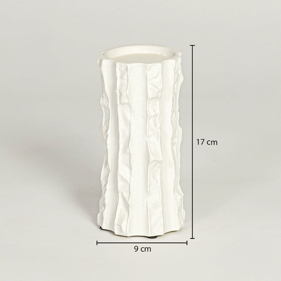 White textured ceramic vase dimension image with 17 cm height and 9 cm width for modern shelf decor.
