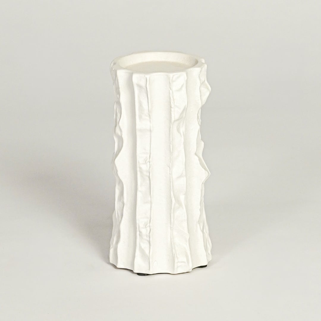White textured ceramic vase for stylish console table placement and contemporary indoor decor styling accent.