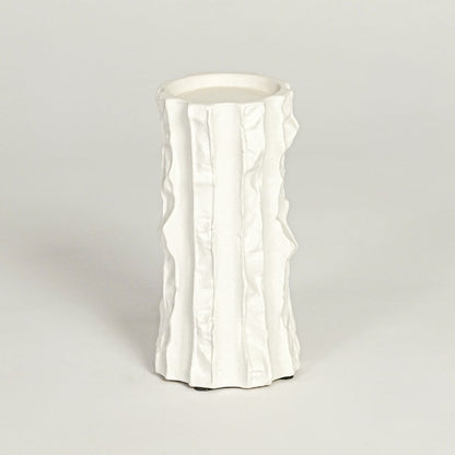 White textured ceramic vase for stylish console table placement and contemporary indoor decor styling accent.