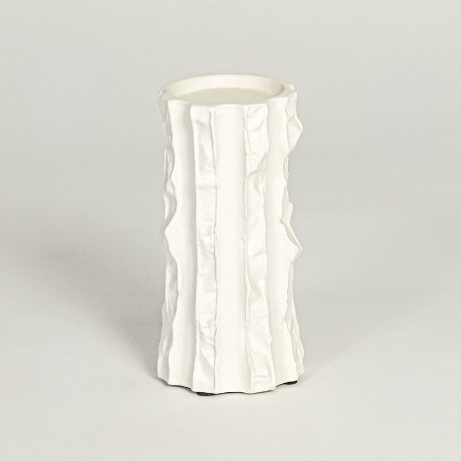 White textured ceramic vase for stylish console table placement and contemporary indoor decor styling accent.