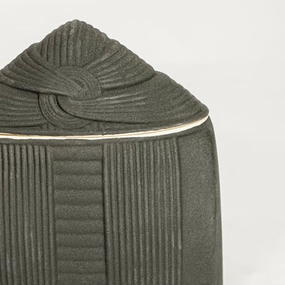 Closeup of matte black ceramic jar with subtle textured detailing ideal for elegant home decor shelf or side table styling.