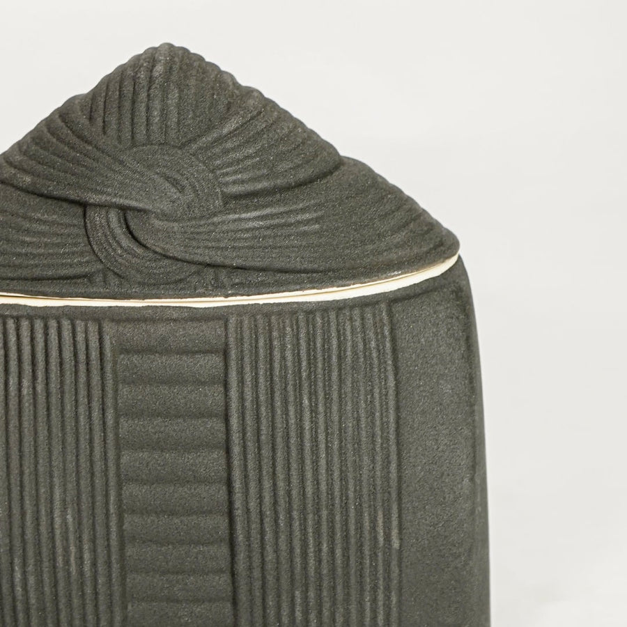 Closeup of matte black ceramic jar with subtle textured detailing ideal for elegant home decor shelf or side table styling.