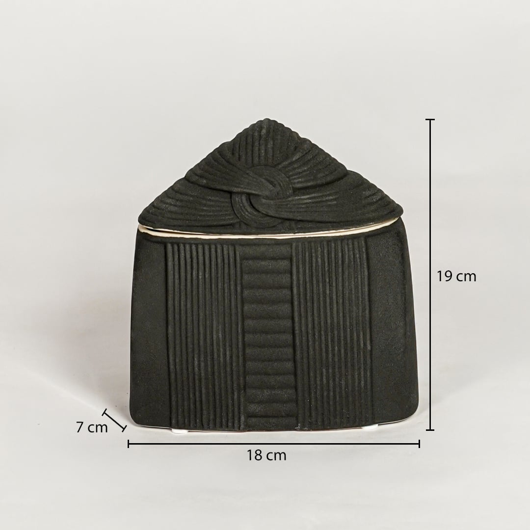 Miso cone ceramic vase with lid measuring 19 cm height 18 cm width and 7 cm depth ideal for tabletop decor placement.