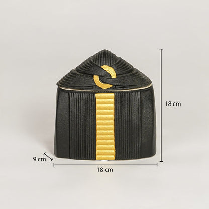 Black ceramic decorative storage jar showing 18 cm width 9 cm depth and 18 cm height ideal for vanity table decor storage.