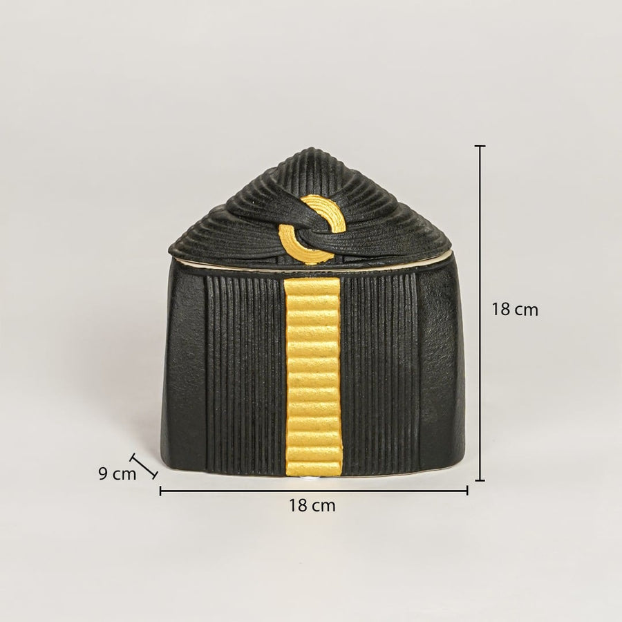 Black ceramic decorative storage jar showing 18 cm width 9 cm depth and 18 cm height ideal for vanity table decor storage.