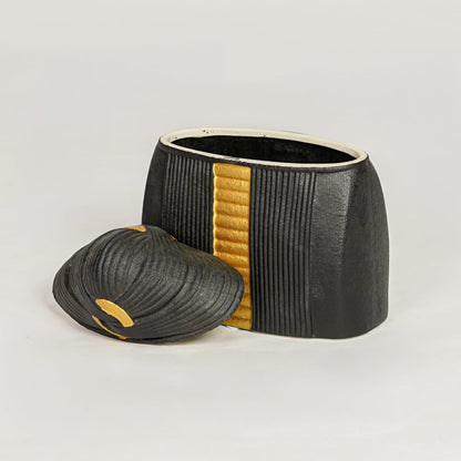 Modern black ceramic decorative storage jar with gold accent detail ideal for vanity table styling and elegant home decor.