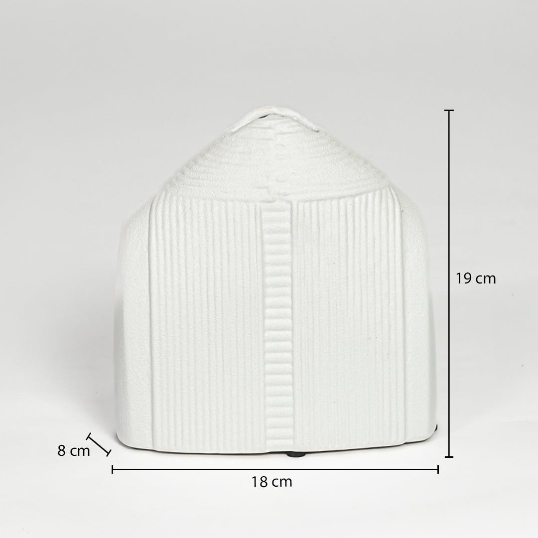 White ceramic textured decorative vase measuring 19 cm height 18 cm width and 8 cm depth perfect for elegant home decor placement.