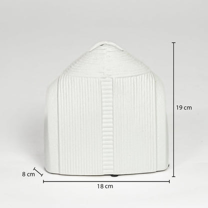 White ceramic textured decorative vase measuring 19 cm height 18 cm width and 8 cm depth perfect for elegant home decor placement.