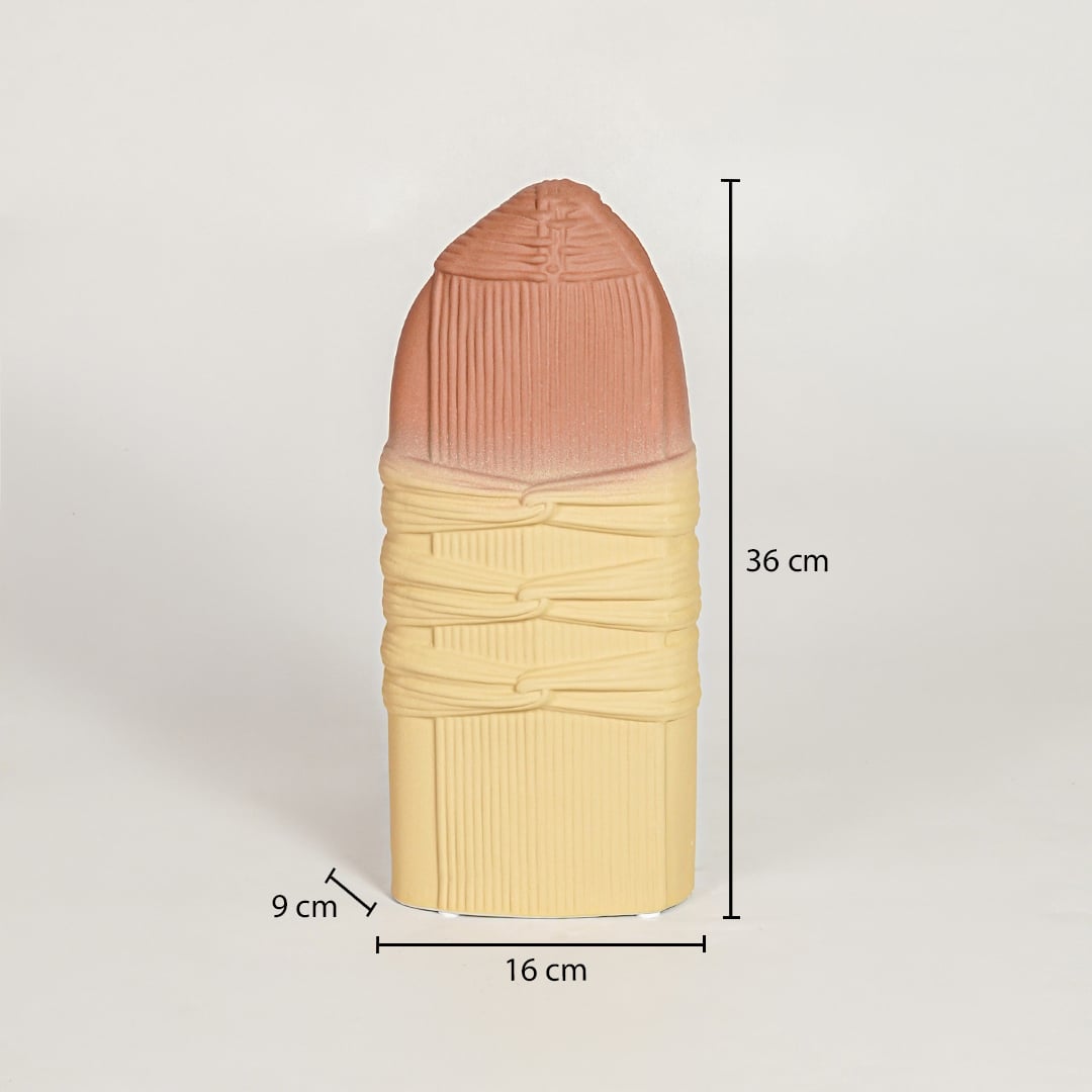 Peach and yellow ceramic sculpted vase measuring 36 cm height 16 cm width and 9 cm depth ideal for statement decor display.