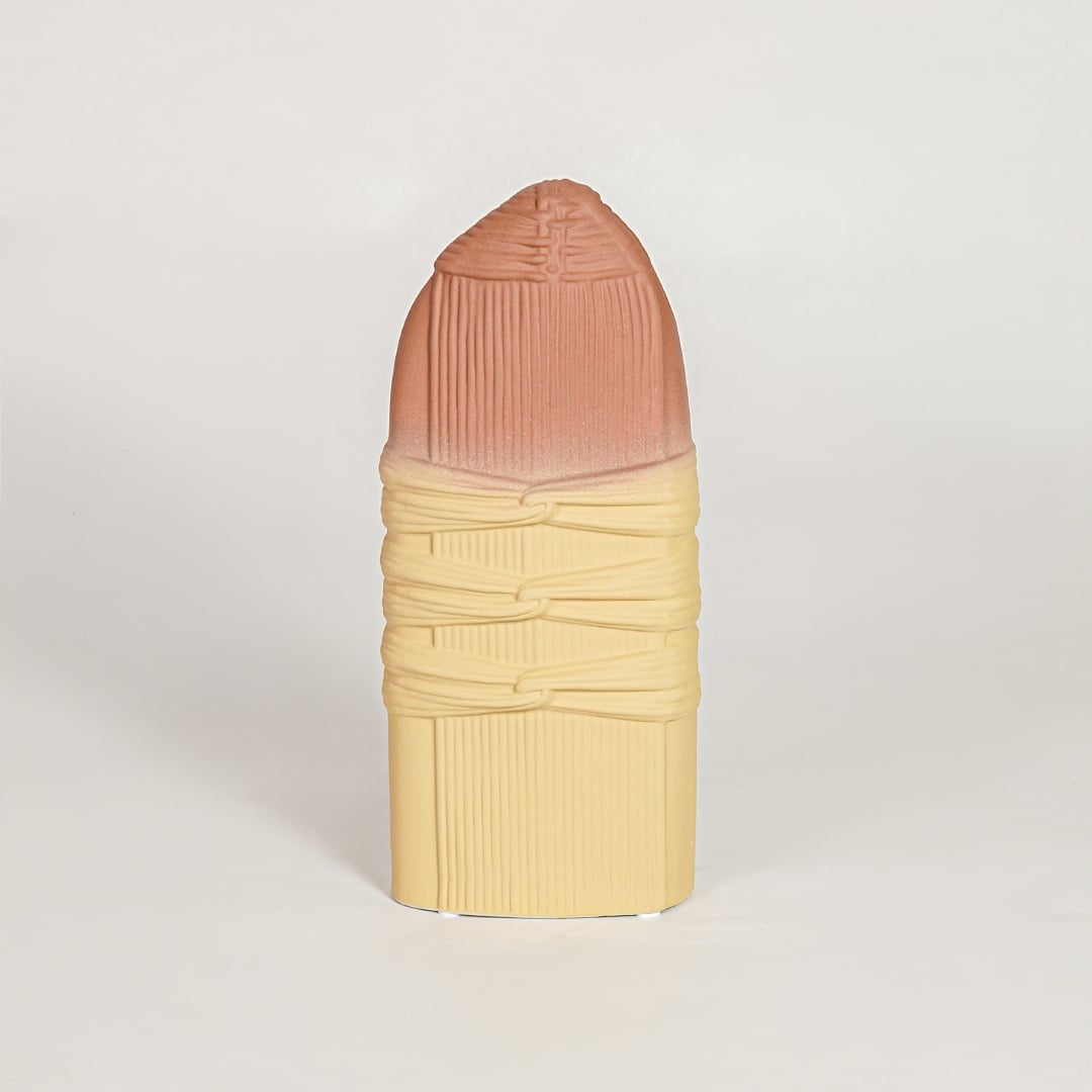 Contemporary yellow and terracotta ceramic flower vase perfect for entryway table living room console decor display.