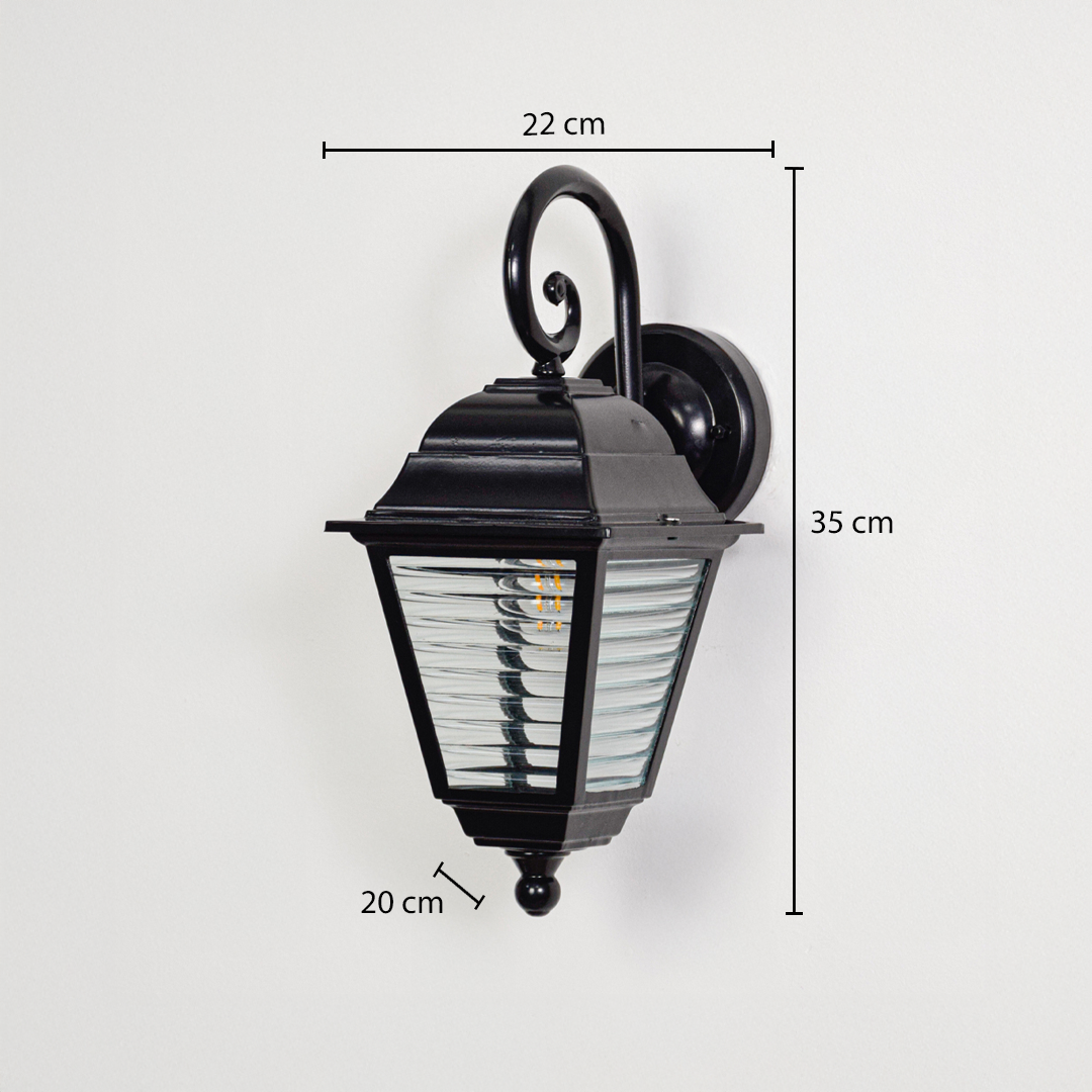 Black metal outdoor wall lantern shown with 35 cm height 22 cm width and 20 cm depth measurements for installation clarity.