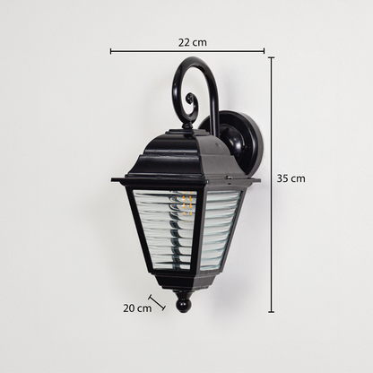 Black metal outdoor wall lantern shown with 35 cm height 22 cm width and 20 cm depth measurements for installation clarity.