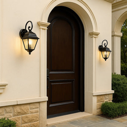 Elegant lantern light illuminating a classic entryway enhancing curb appeal with warm outdoor wall lighting.