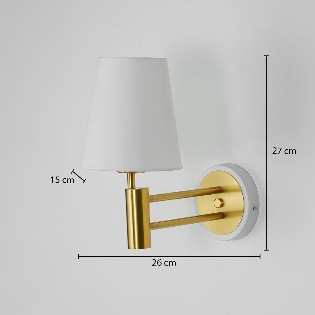 Gold metal wall light dimension image with 27 cm height and white fabric shade for luxury wall decor.