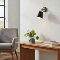 Modern black and gold metal wall light mounted above a wooden console adding warm ambient lighting to a stylish living room corner setting.