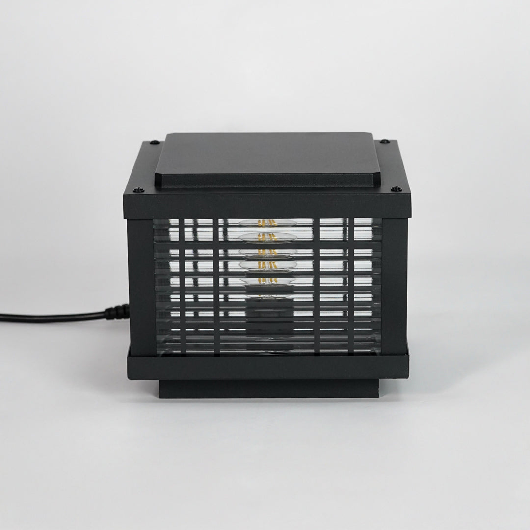 Black metal outdoor gate light with mesh frame for modern exterior decor styling use.